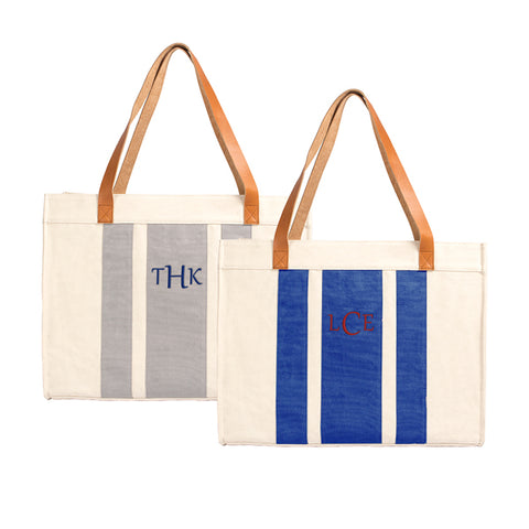 Personalized Blue Stitched Stripe Canvas Tote with Leather Handles - PersonalizationPop Test Store