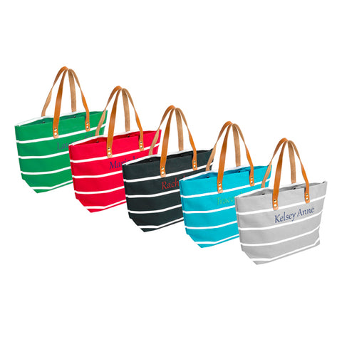 Personalized Black Striped Tote with Leather Handles - PersonalizationPop Test Store