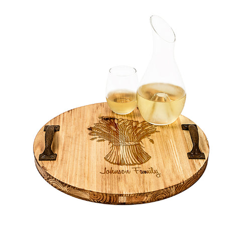 Rustic Wheat Stalk Wood Tray with Metal Handles