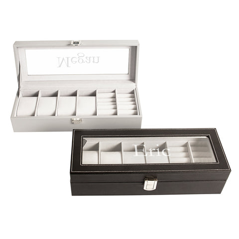 Personalized Black Leatherette Watch & Jewelry Case - PersonalizationPop Test Store
