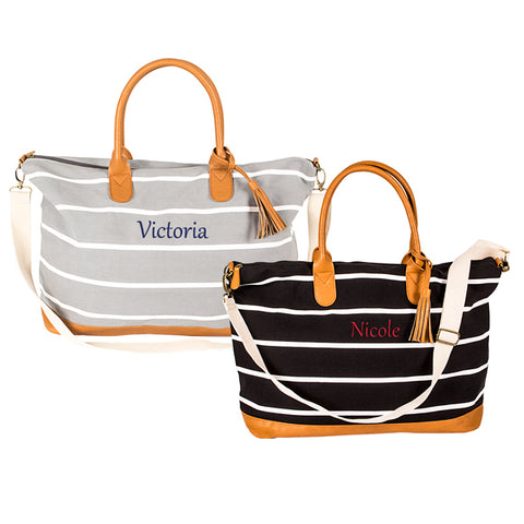 Personalized Black Striped Canvas Oversized Weekender Tote - PersonalizationPop Test Store