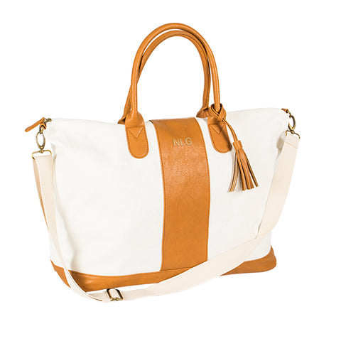 Personalized Brown Striped Faux Leather Oversized Weekender Tote - PersonalizationPop Test Store