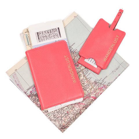 Wanderlust Pink Leather Passport Holder & Luggage Tag Set