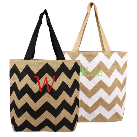 White Chevron Natural Jute Tote Bags