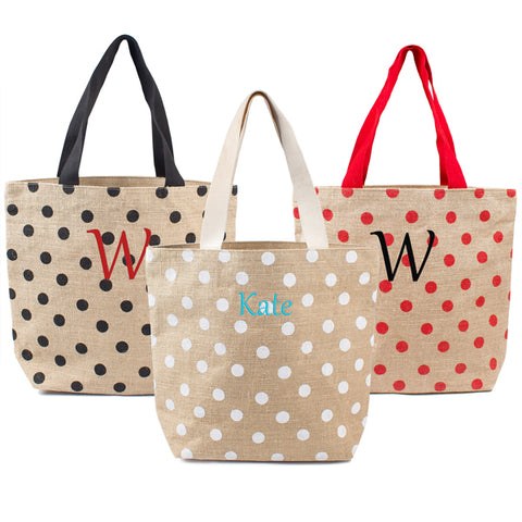 White Polka Dot Natural Jute Tote Bag