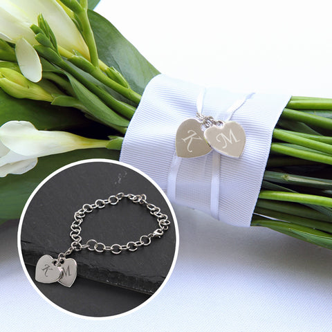 Bridal Bouquet Double Heart Charm Bracelet - PersonalizationPop Test Store