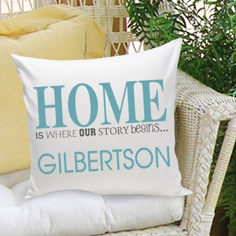 16x16 Family Name Throw Pillows - Our Story Blue - PersonalizationPop Test Store