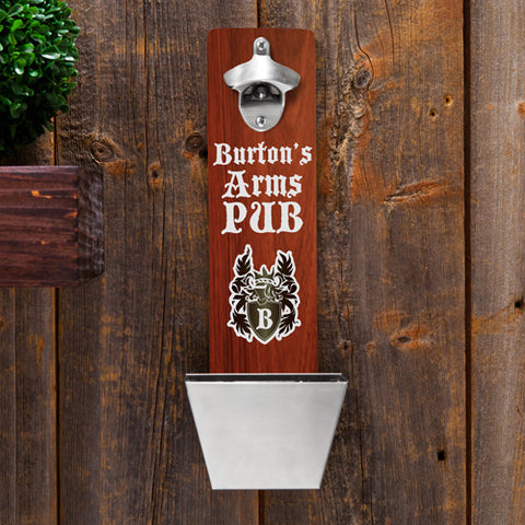 Personalized Wall Mounted Bottle Opener and Cap Catcher - Arms Pub