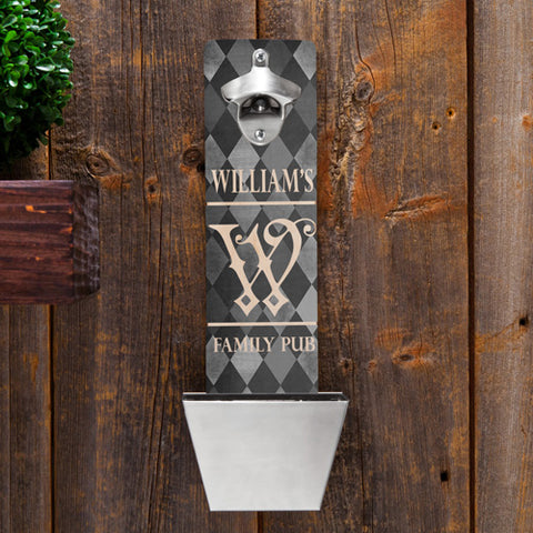 Personalized Wall Mounted Bottle Opener and Cap Catcher - Family Bar