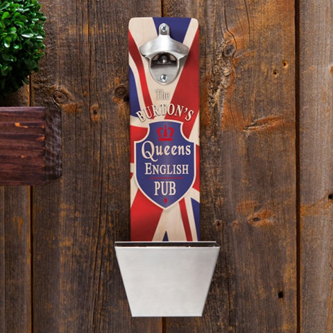 Personalized Wall Mounted Bottle Opener and Cap Catcher - Queens Pub