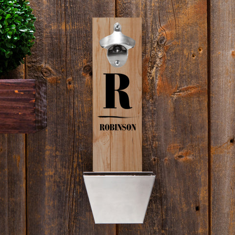 Personalized Wall Mounted Bottle Opener and Cap Catcher - Family Initials