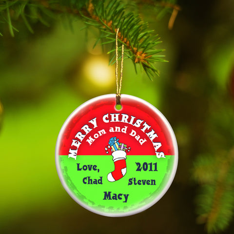 Round Ceramic Ornament - Red Stocking
