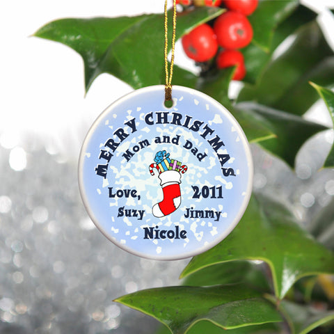 Round Ceramic Ornament - Stocking Snow