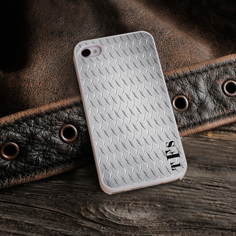 Personalized White Trimmed iPhone Cover - Diamond Plate Steel