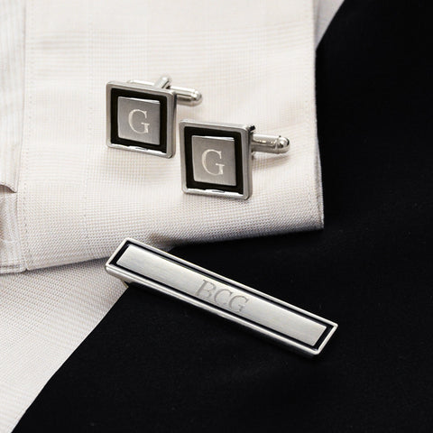 Black Border Designer Cuff Links & Tie Clip